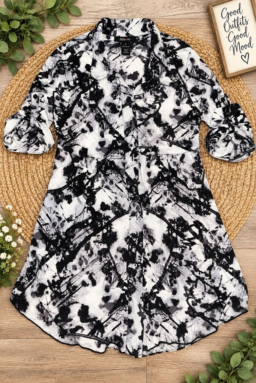 Style & Co Small Black White Abstract Print Longline Tunic Blouse Roll Tab Sleev